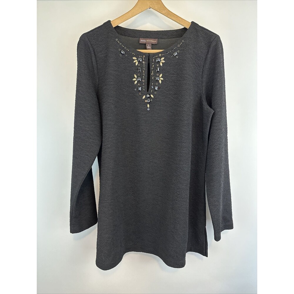 Dana Buchman Blouse Large Black Tunic Women's 3/4 Sleeve V Neck Textured Chiffon